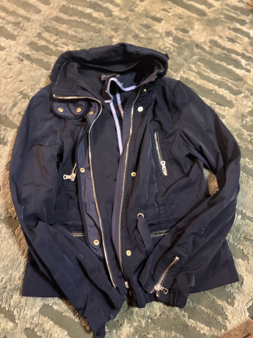 Zara Navy Windbreaker Jacket with Silver Zippers